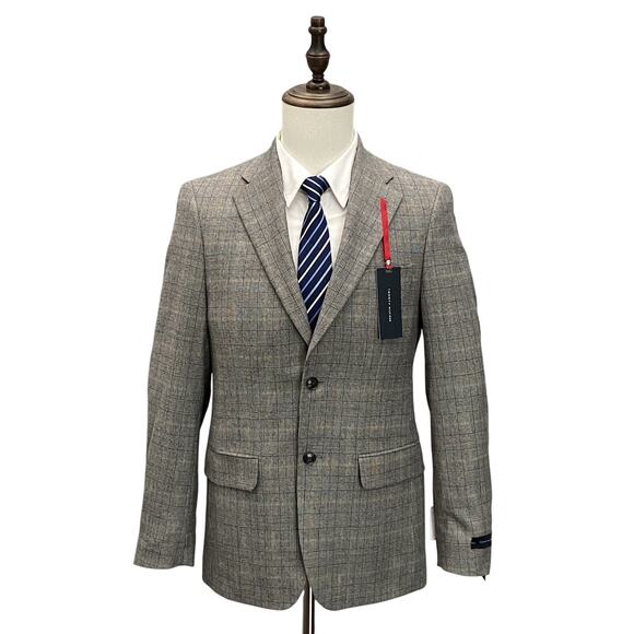 Tommy Hilfiger Men's 36 Regular Suit Jacket Modern Fit Wool Grey Camel Plaid NEW - Picture 1 of 9